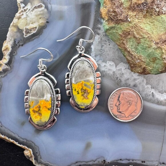 Sterling Silver Southwestern Style Oval Eclipse Jasper Decorated Dangle Earrings - Picture 8 of 10